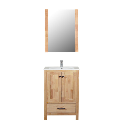 Laguna 24 in. W x 18 in. D x 36 in. H Bath Vanity in Natural Wood with Integrated Ceramic Top in White and Mirror