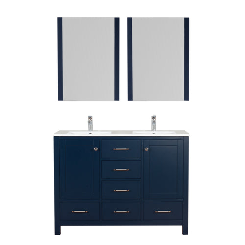 Laguna 48 in. W x 18 in. D x 36 in. H Bath Double Vanity in Dark Blue with Integrated Ceramic Top in White and Mirror