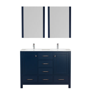 Laguna 48 in. W x 18 in. D x 36 in. H Bath Double Vanity in Dark Blue with Integrated Ceramic Top in White and Mirror