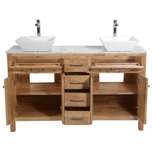 Laguna 60 in. W x 18 in. D x 41 in. H Bath Vanity in Natural Wood with Marble Vanity Top with White Basins