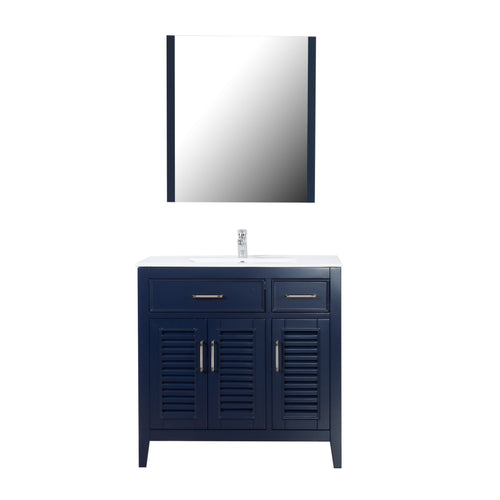 Marina Del Rey 36 in. W x 18 in. D x 36 in. H Bath Vanity in Dark Blue with Integrated Ceramic Top in White and Mirror