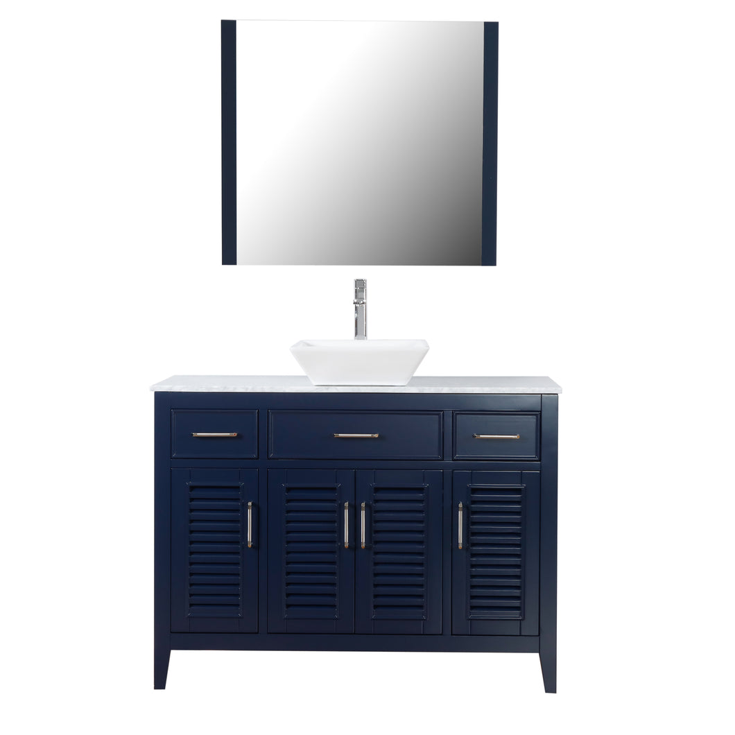 Marina Del Rey 48 in. W x 18 in. D x 41 in. H Bath Vanity in Dark Blue with Marble Vanity Top with White Basin and Mirror