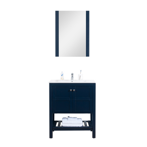 Manhattan 30 in. W x 18 in. D x 36 in. H Bath Vanity in Dark Blue with Integrated Ceramic Top in White and Mirror