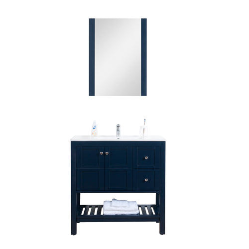 Manhattan 36 in. W x 18 in. D x 36 in. H Bath Vanity in Dark Blue with Integrated Ceramic Top in White and Mirror