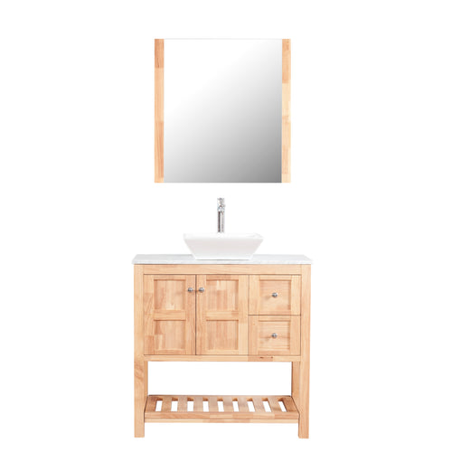 Manhattan 36 in. W x 18 in. D x 41 in. H Bath Vanity in Natural Wood with Marble Vanity Top with White Basin and Mirror