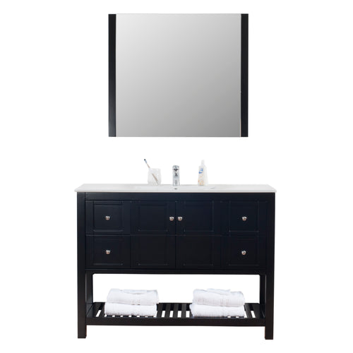 Manhattan 48 in. W x 18 in. D x 36 in. H Bath Vanity in Black with Integrated Ceramic Top in White and Mirror