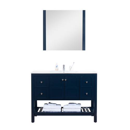 Manhattan 48 in. W x 18 in. D x 36 in. H Bath Vanity in Dark Blue with Integrated Ceramic Top in White and Mirror