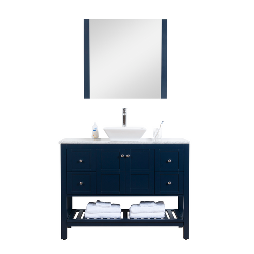 Manhattan 48 in. W x 18 in. D x 41 in. H Bath Vanity in Dark Blue with Marble Vanity Top with White Basin and Mirror