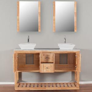 Manhattan 60 in. W x 18 in. D x 41 in. H Bath Vanity in Natural Wood with Marble Vanity Top with White Basins and Mirrors