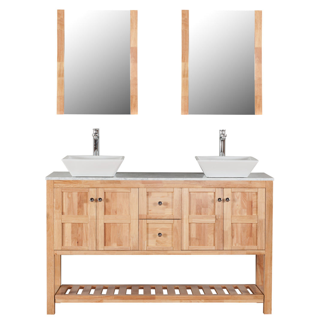 Manhattan 60 in. W x 18 in. D x 41 in. H Bath Vanity in Natural Wood with Marble Vanity Top with White Basins and Mirrors