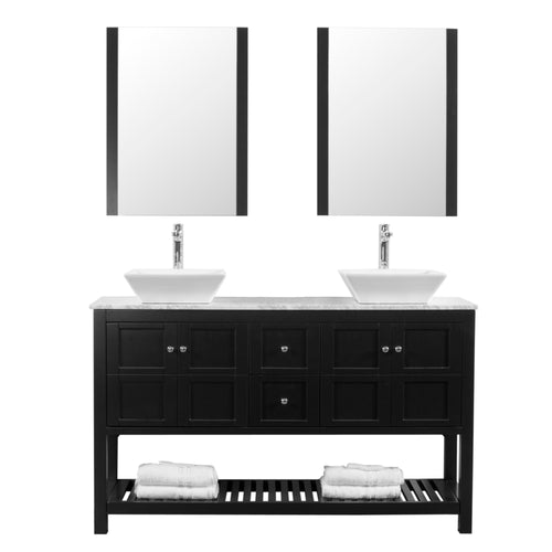 Manhattan 60 in. W x 18 in. D x 41 in. H Bath Vanity in Black  with Marble Vanity Top with White Basins and Mirrors