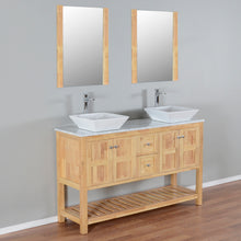 Manhattan 60 in. W x 18 in. D x 41 in. H Bath Vanity in Natural Wood with Marble Vanity Top with White Basins and Mirrors