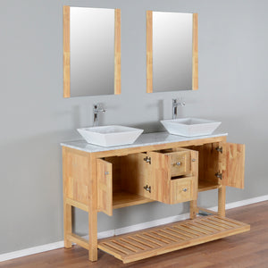 Manhattan 60 in. W x 18 in. D x 41 in. H Bath Vanity in Natural Wood with Marble Vanity Top with White Basins and Mirrors