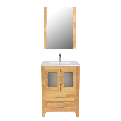 Newport 24 in. W x 18 in. D x 33 in. H Bath Vanity in Natural Wood with Integrated Ceramic Top in White and Mirror