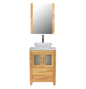 Newport 24 in. W x 18 in. D x 38 in. H Bath Vanity in Natural Wood with Marble Vanity Top with White Ceramic Basin and Mirror