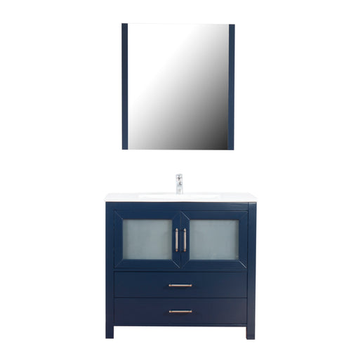 Newport 36 in. W x 18 in. D x 33 in. H Bath Vanity in Dark Blue with Integrated Ceramic Top in White and Mirror