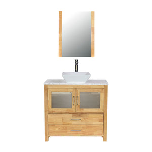 Newport 36 in. W x 18 in. D x 38 in. H Bath Vanity in Natural Wood with Marble Vanity Top with White Basin and Mirror