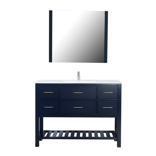 Santa Monica 48 in. W x 18 in. D x 36 in. H Bath Vanity in Dark Blue with Integrated Ceramic Top in White and Mirror