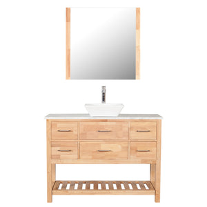 Santa Monica 48 in. W x 18 in. D x 41 in. H Bath Vanity in Natural Wood with Marble Vanity Top with White Basin and Mirror