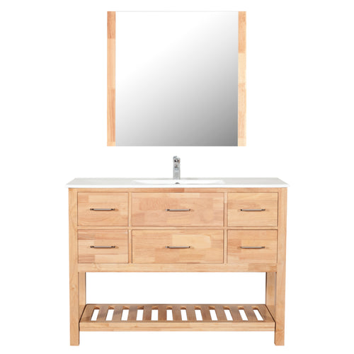 Santa Monica 48 in. W x 18 in. D x 36 in. H Bath Vanity in Natural Wood with Integrated Ceramic Top in White and Mirror